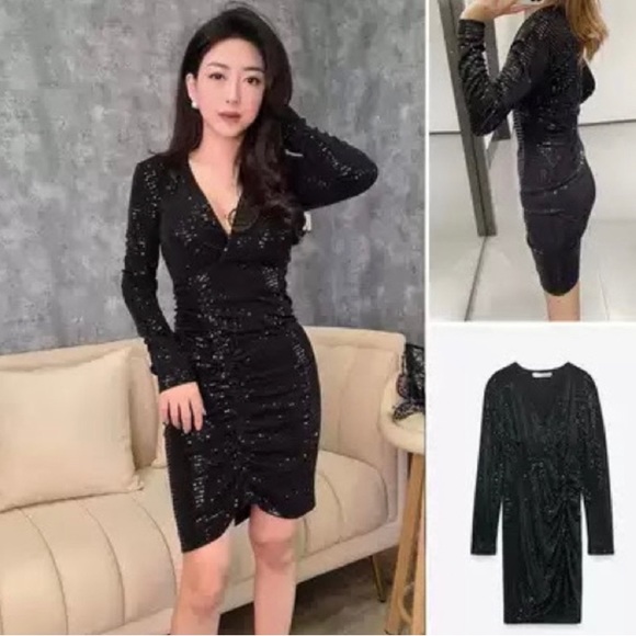 NWT Zara Black Sparkly Ruched Festive Party Dress - Picture 11 of 17